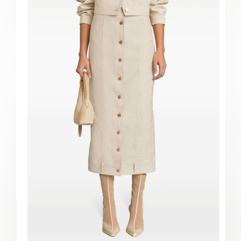 Cult Gaia Beige Linen Blend Lua Midi Skirt Size 4 NWT $495 Quiet Luxury Office - Picture 1 of 14